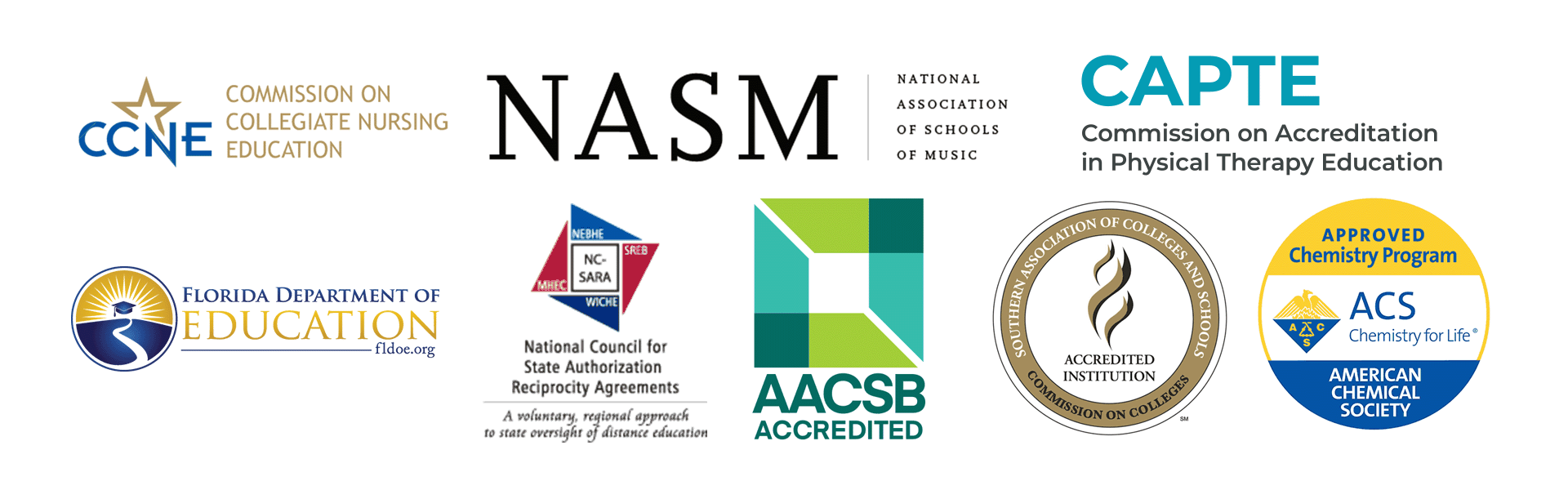 accreditation logos: Commission on Collegiate Nursing Education, National Association of Schools of Music, AACSB Accredited, National Council for State Authorization Reciprocity Agreements, Southern Association of Colleges and Schools, American Chemical Society Approved Chemistry Program